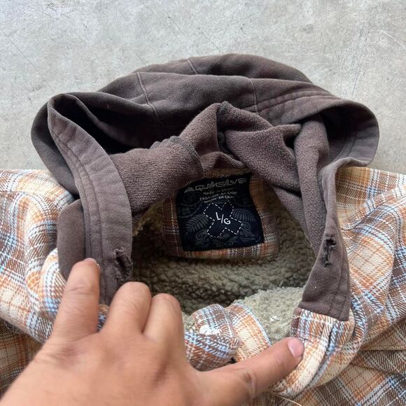 2000s Quiksilver Plaid orange brown flannel distressed | Mens size L beach skate - Picture 5 of 5